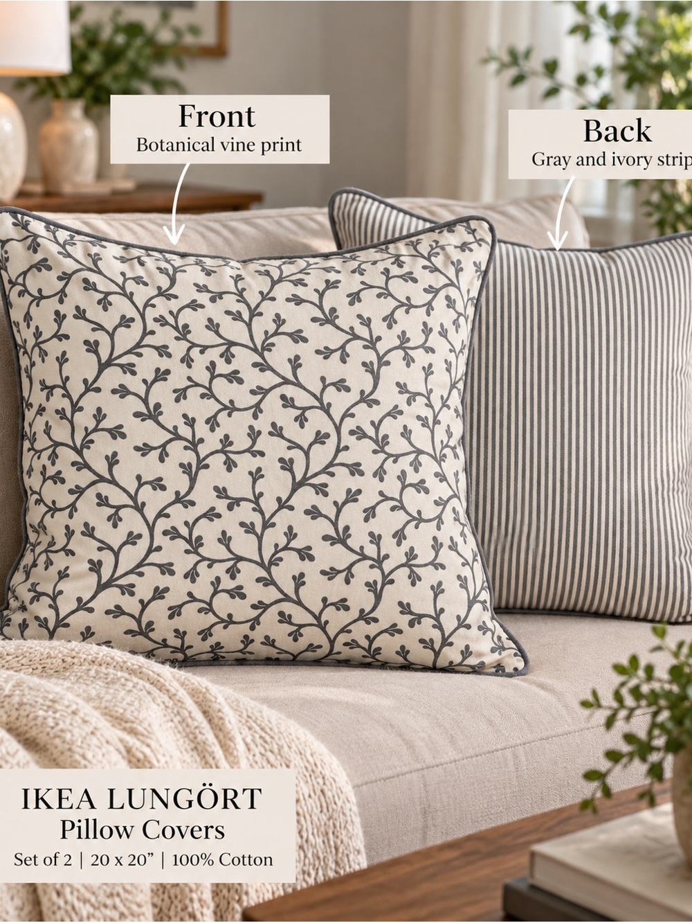 IKEA LUNGÖRT Pillow Covers Set of 2 Gray Botanical Floral 20x20 Cotton